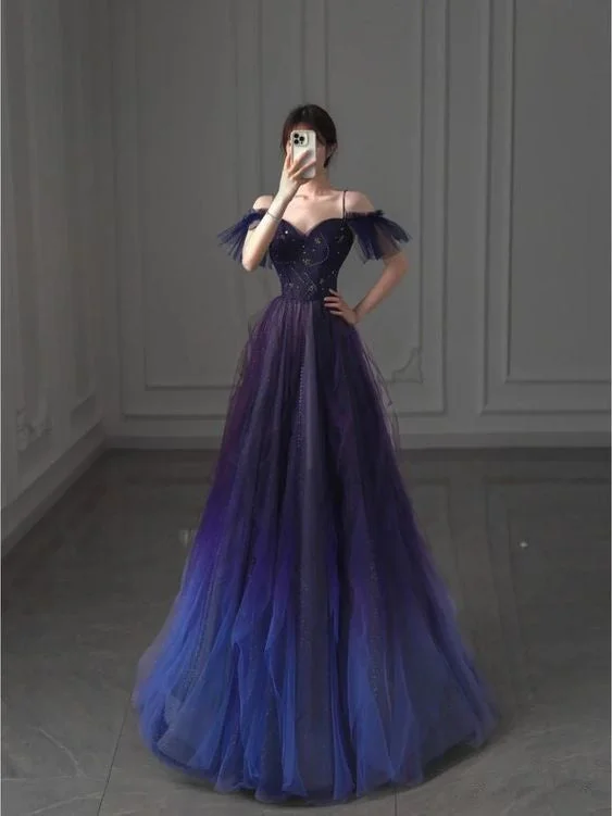 stylish party dressesElegant Off Shoulder A-Line Tulle Long Prom Dress Evening Gown, D36