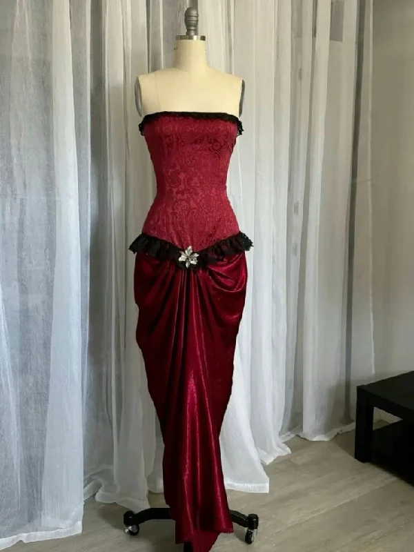 chiffon party dressesWine Red Strapless Sheath Lace Satin Long Formal Evening Dress, MD7893