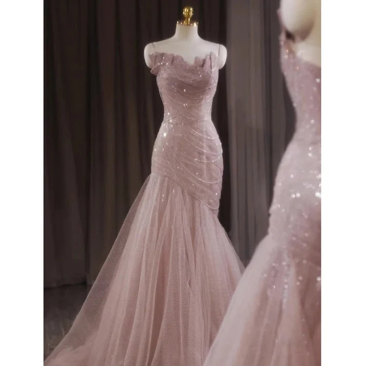 comfortable party dressesPink Shiny Tulle Mermaid Prom Dress Fairy Formal Evening Dress MD7578