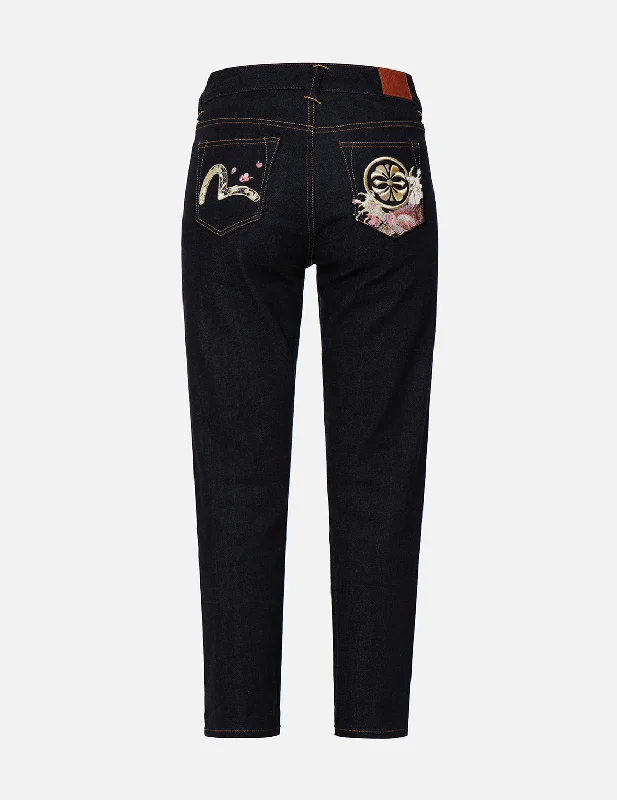 women's denim jeans with zippersKamon and “Koi playing in the Waves” Embroidery Straight-leg Jeans