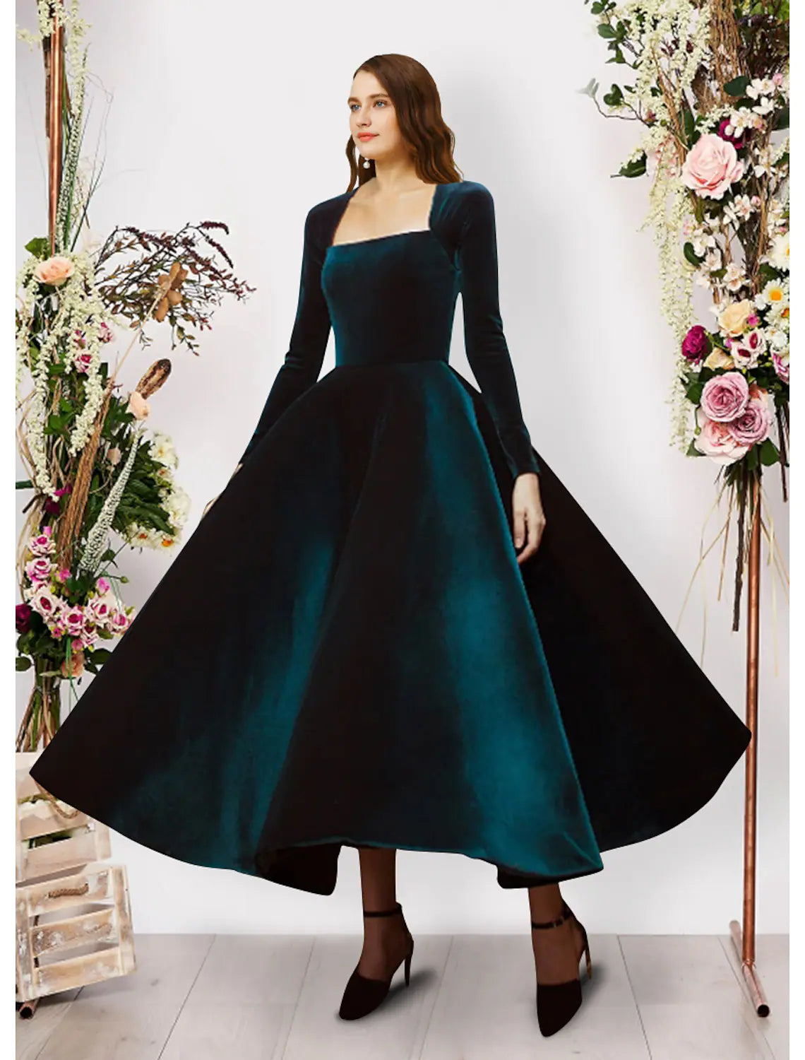 cotton party dressesBall Gown Evening Gown Vintage Dress Prom Ankle Length Long Sleeve Square Neck Velvet with