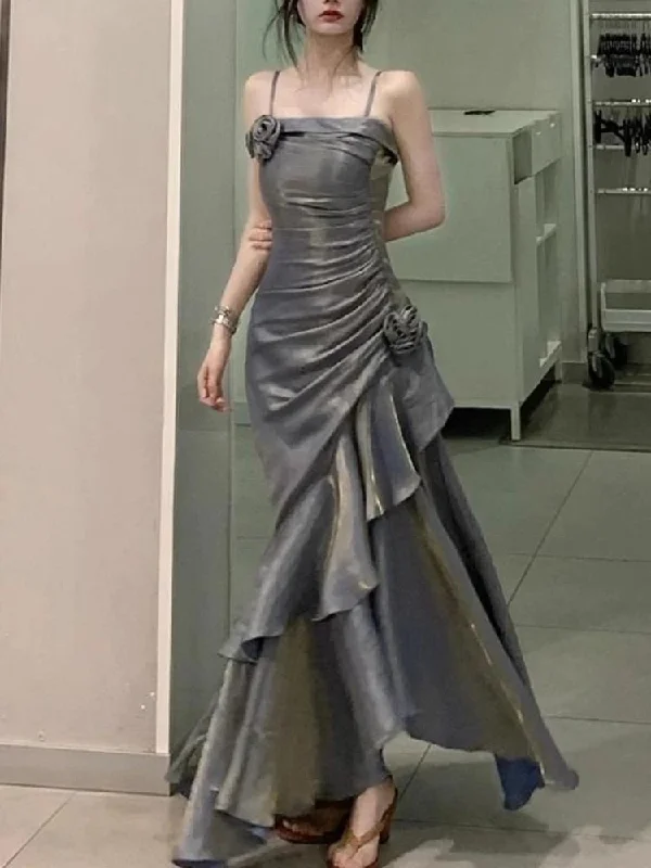 metallic party dressesGrey Spaghetti Straps Vintage Sheath Chiffon Long Evening Gown MD7685