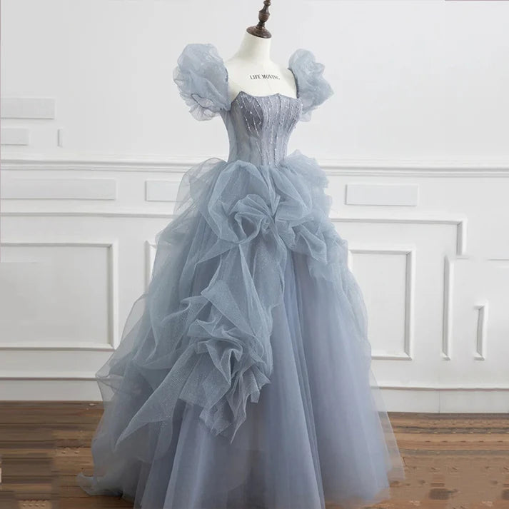 leather party dressesBlue Tulle Princess Ball Gown Puff Sleeves Sweet Evening Dress MD7547