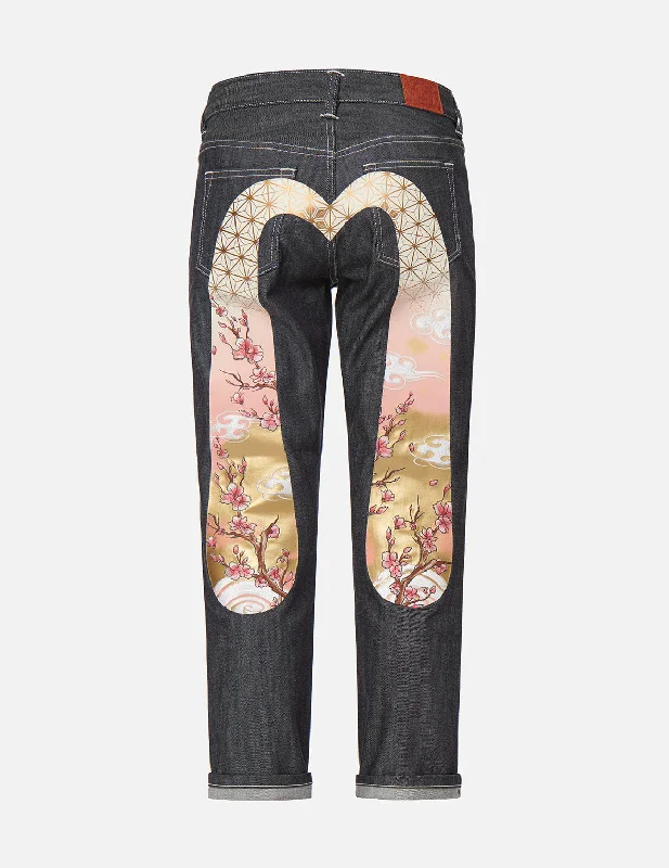 women's denim jeans with ripped kneesSakura Embroidery and Brocade Print Daicock Boyfriend Jeans