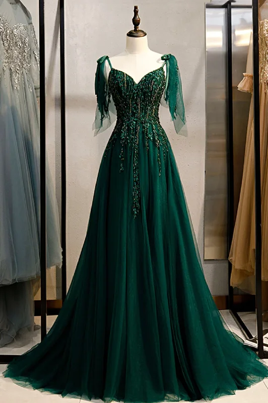 bold color party dressesGreen V-Neck Lace Long Prom Dress, A-Line Spaghetti Straps Evening Dress MD7254