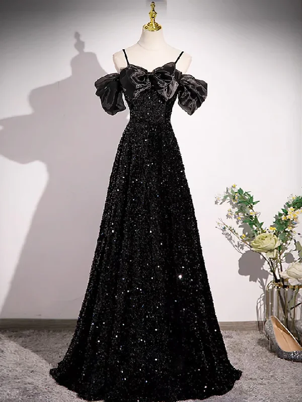 ready-to-wear party dressesSpaghetti Straps Off Shoulder A-Line Prom Dress Shiny Black Evening Gown  MD7245