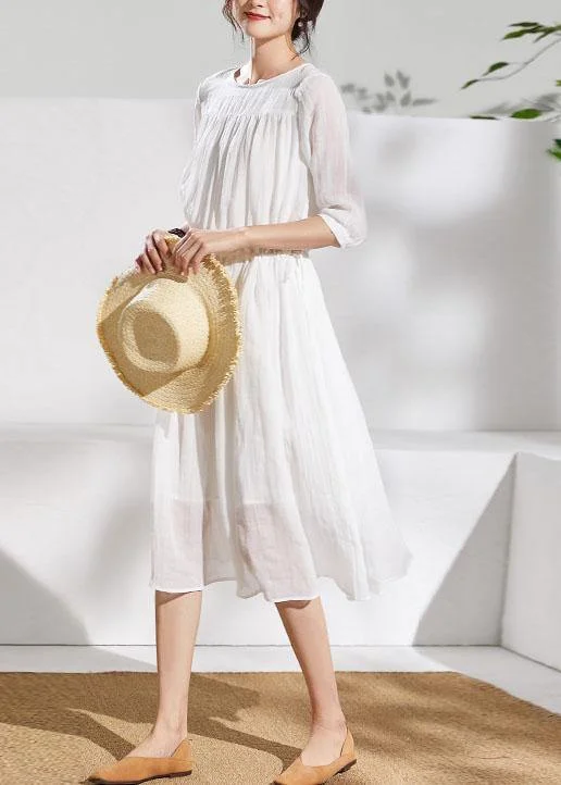 breathable midi dressesFrench white linen clothes For Women o neck half sleeve Midi summer Dress