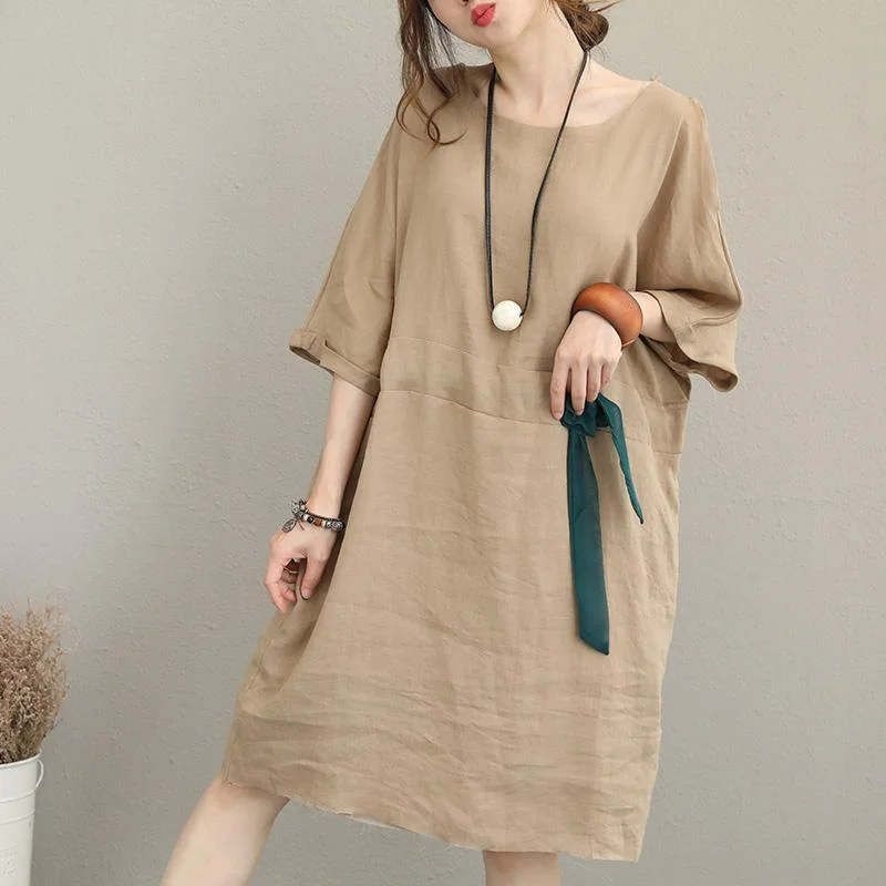 midi wrap dressesboutique khaki pure linen dress Loose fitting linen clothing dresses Elegant waist drawstring bracelet sleeved midi dress