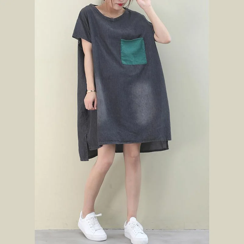 quick-dry midi dressesWomen denim black Cotton clothes Women o neck green pockets Midi Dresses