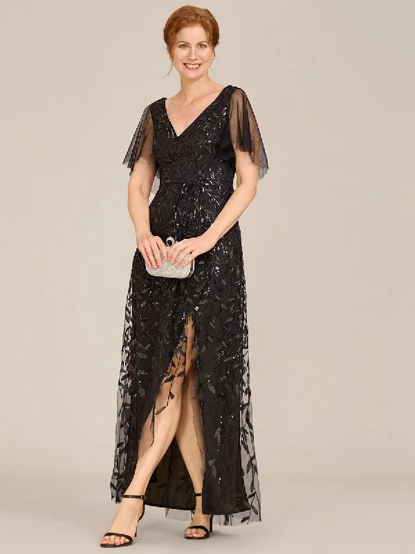 wrap-around midi dressesShort Sleeves Sequin High Low V-Neck Midi Mother of the Bride Dress