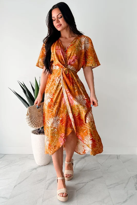 simple yet stylish midi dressesSlow Down & Smell The Roses Tropical Print Midi Dress (Mustard/Multi)