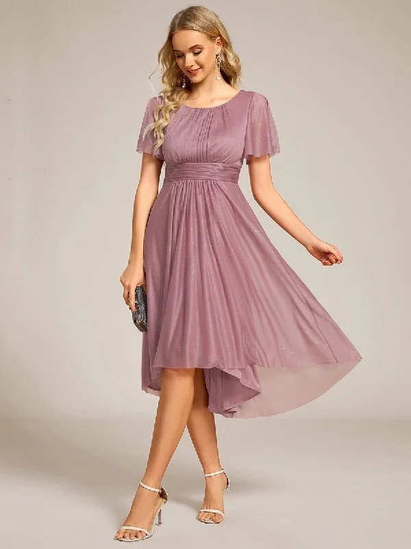 short sleeve midi dressesGlitter Short Sleeves Round Neck Midi Formal Dress