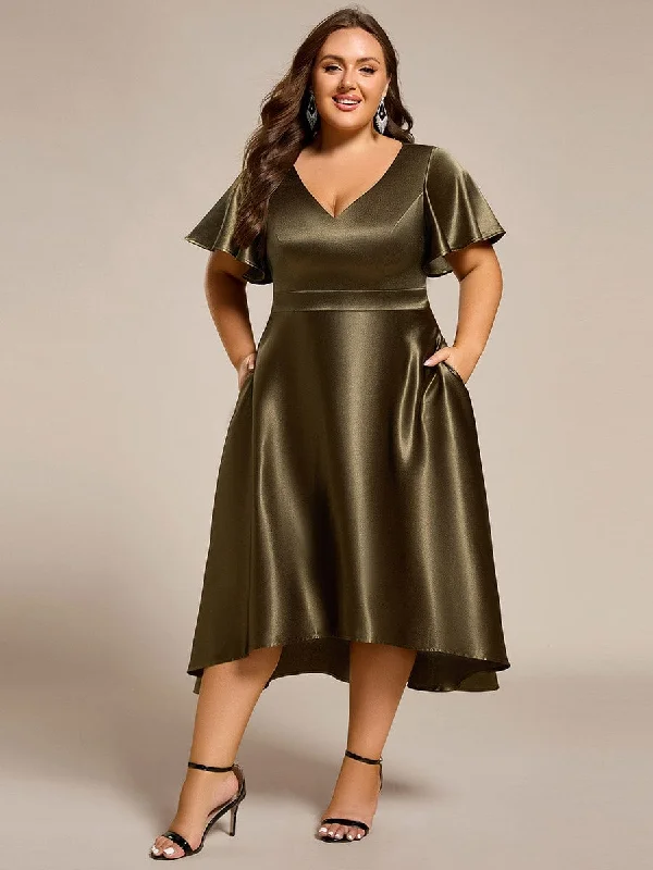 midi dresses for weddingsPlus Size Satin Midi Wedding Guest Dress with Pockets