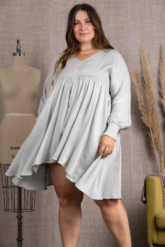 casual chic midi dressesSHINY SILVER V-NECK LONG SLEEVES PLUS SIZE MIDI DRESS-CIDM2127B