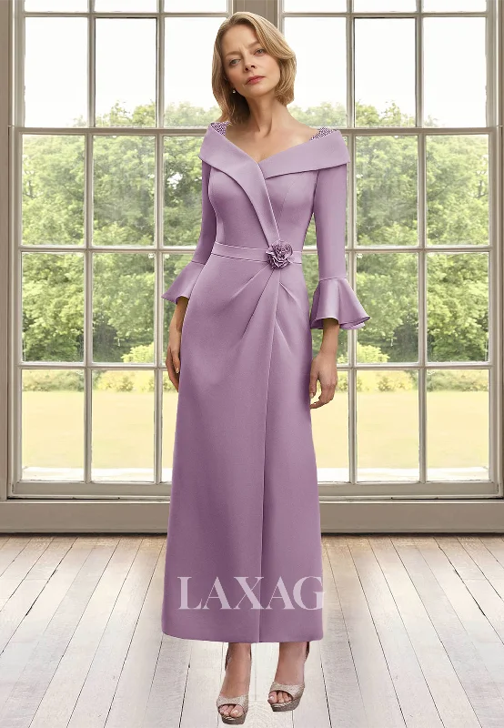 midi dresses for partiesBell-Long-Sleeves V-Neck Cocktail Gowns Satin Pleated Midi Mermaid Mother of the Bride Dress