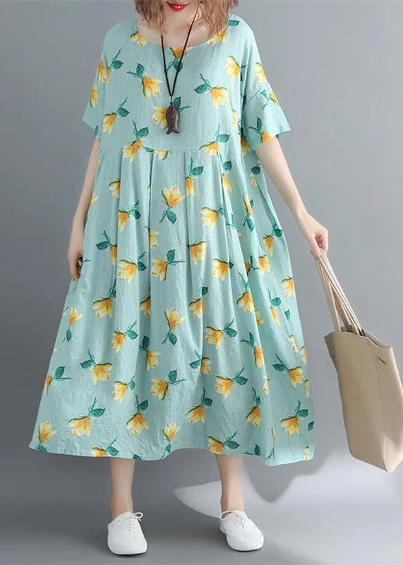 work-appropriate midi dressesfine floral Midi cotton dresses plus size clothing casual dress Elegant short sleeve o neck long dress