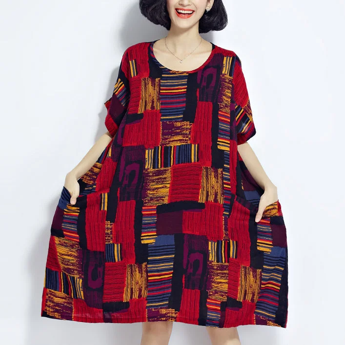 midi dresses with sleevesNew red prints cotton dress trendy plus size cotton clothing dresses New o neck short sleeve midi dress