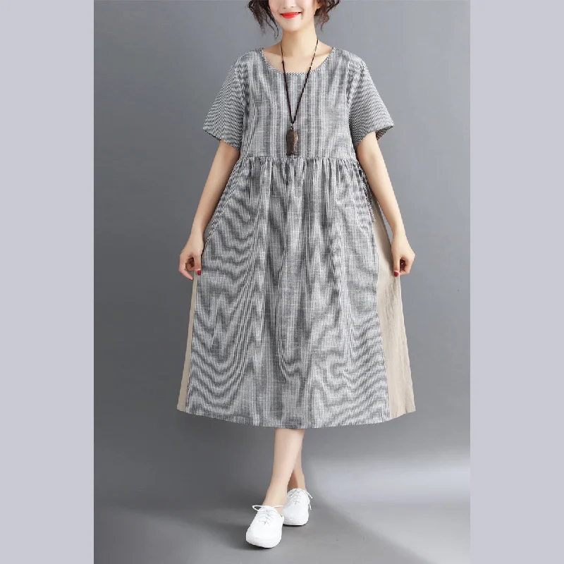 long-sleeved floral midi dresseswomen striped Midi cotton linen dresses casual traveling dress vintage short sleeve tie waist v neck cotton linen clothing