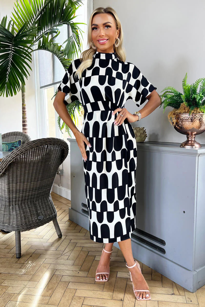 midi shift dressesElla Black and Cream Abstract Print High Neck Midi Dress