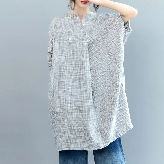 high-slit midi dressesvintage gray Plaid Midi-length linen dress casual linen clothing dress Fine Batwing Sleeve o neck baggy dresses