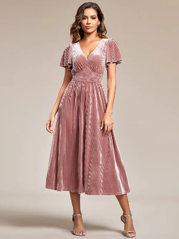 printed midi dressesGraceful V-Neck Waist Design Short Sleeves Fall Velvet Midi Bridesmaid Dress