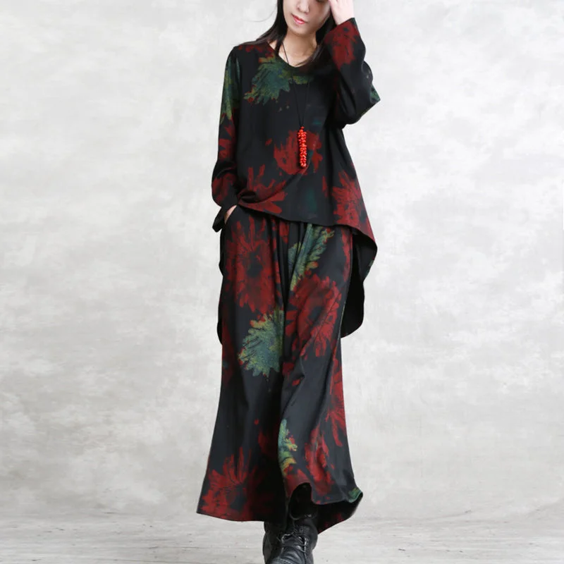 fitted midi dressesBoutique Red Green Print Midi-length Cotton Blended Two Pieces Oversize Clothing Tops Women Long Sleeve Baggy O Neck Asymmetric Tops And Vintage Baggy Pants