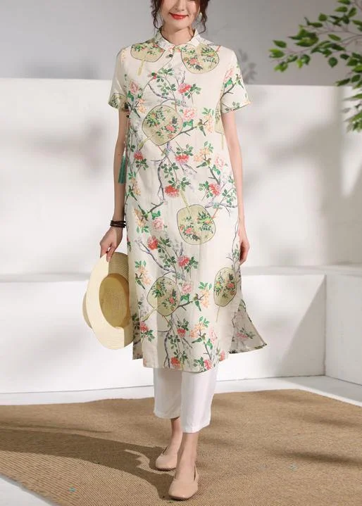 waist-cinching midi dressesHandmade floral linen Long Shirts stand collar Button Down Midi Dresses