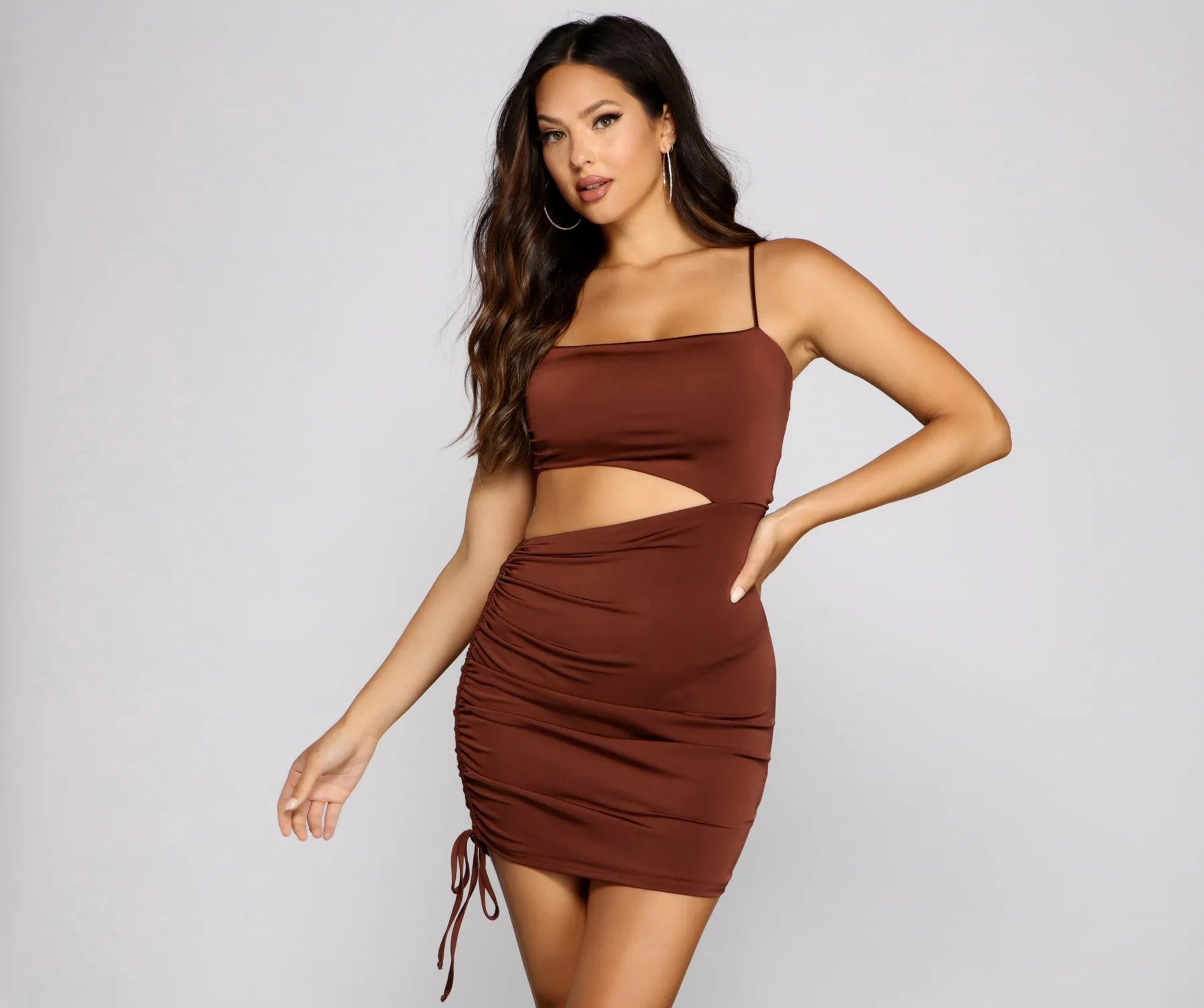 elegant and sophisticated Mimi dresses for a night out on the town.Hard To Get Ruched Cutout Mini Dress