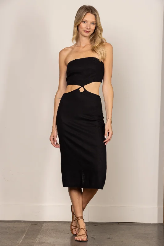 quick-dry midi dressesBLACK LINEN TUBE CUT-OUT WAIST PENCIL MIDI DRESS D3110