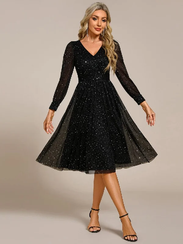 fitted midi dressesGlitter Midi Wedding Guest Dress with Long Sleeves