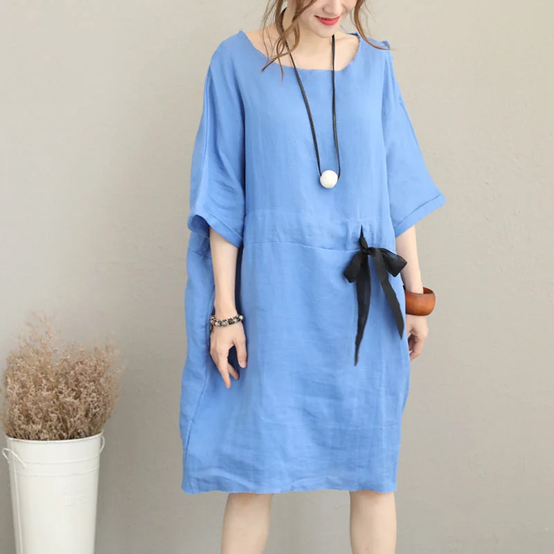 stylish midi dressesFine blue Midi-length linen dress oversize linen clothing dress fine waist drawstring bracelet sleeved knee dresses