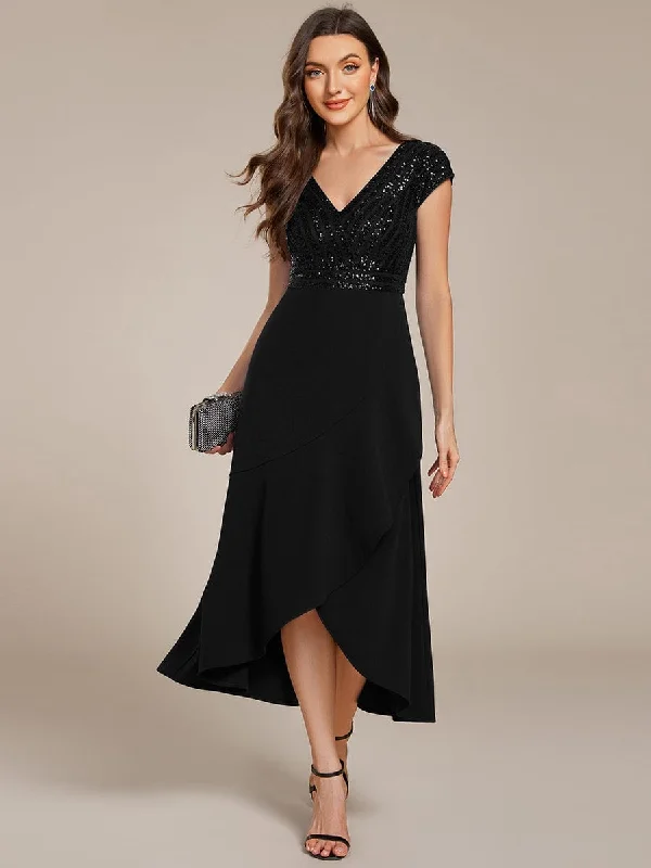 everyday midi dressesShort Sleeve V-Neck Midi Sequin Formal Dress with Chiffon