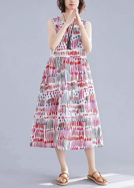 midi dresses for spring100% red striped Chiffon clothes For Women o neck sleeveless Midi Dress