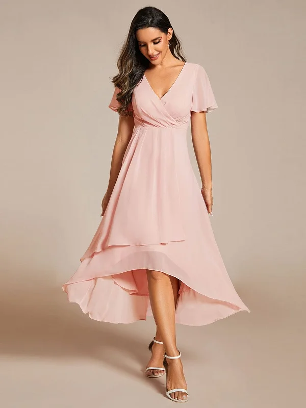 sequin midi dressesLana | Pleated Chiffon Ruffles Sleeve Midi Bridesmaid Dress