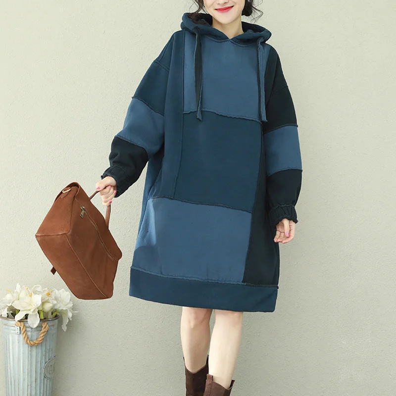 off-the-shoulder midi dressesNatural patchwork hooded Cotton quilting dresses 2024 blue Midi Dress