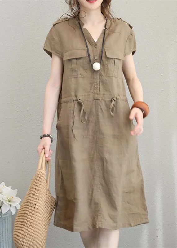 midi bodycon dressesboutique khaki linen dresses plus size linen clothing dresses Elegant drawstring v neck midi dress