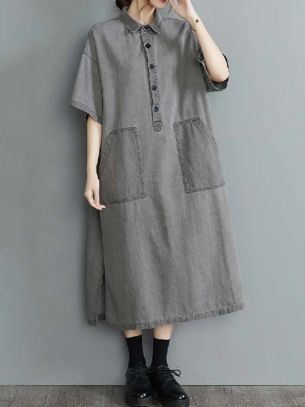 midi pencil dressesPlain Cotton Grey Color Short Sleeve Midi Dress