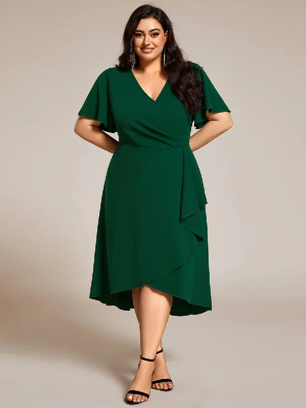 midi dresses for summerPlus Size High-Stretch V-neck Midi Wedding Guest Dress