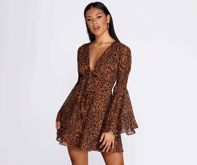 stylish midi Mimi dresses for versatile wearLeopard Bell Sleeve Chiffon Mini Dress