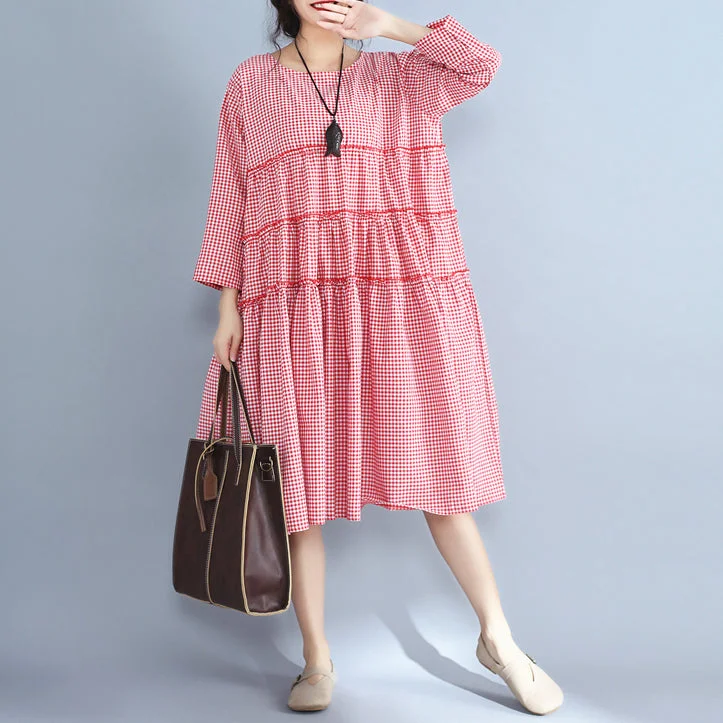 vintage midi dressesbaggy red plaid pure linen dresses plus size casual patchwork o neck midi dress