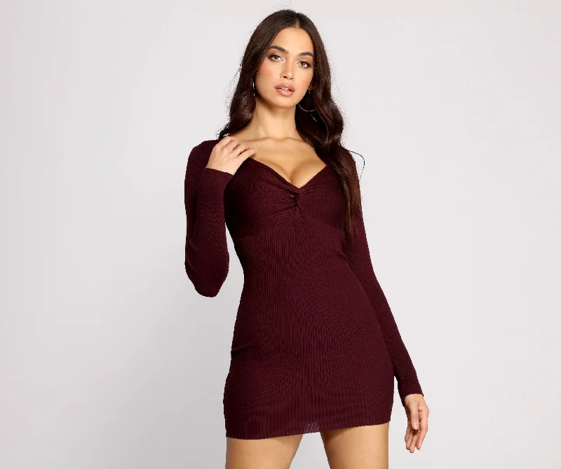 black Mimi dresses for womenTwist Front Ribbed Knit Mini Dress