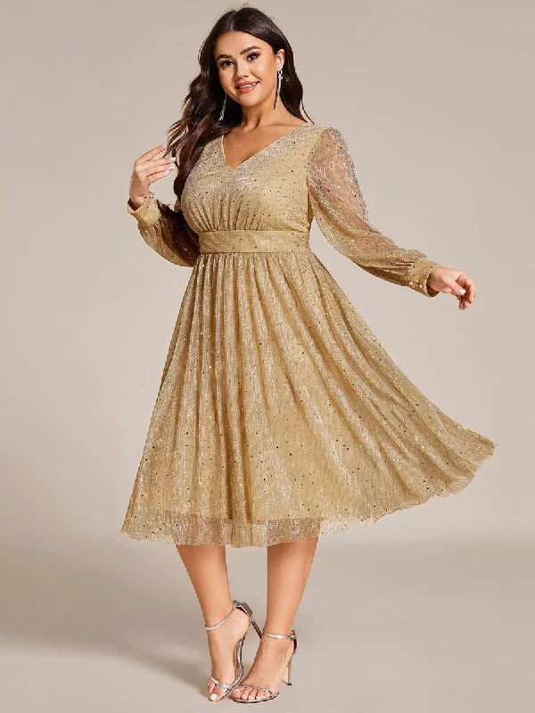 midi dresses for winterPlus Size Glitter Midi Wedding Guest Dress with Long Sleeves