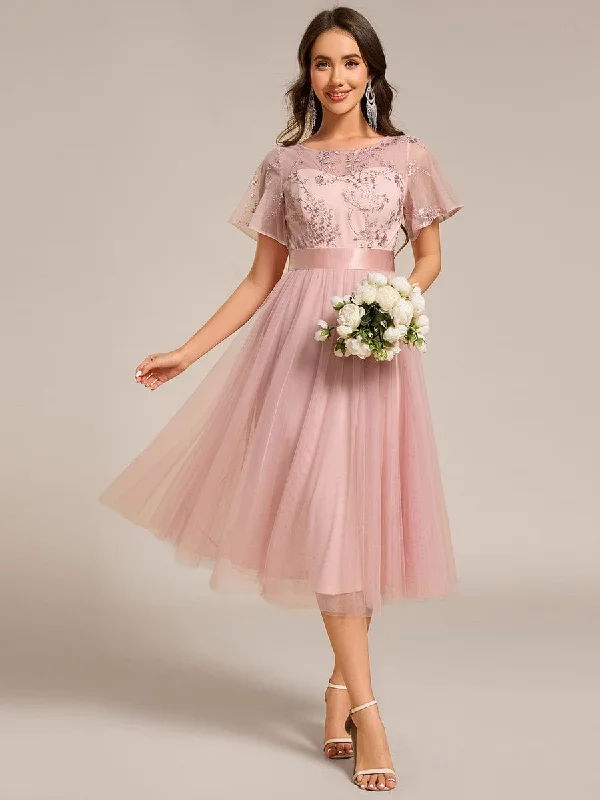 velvet midi dressesEmbellished Tulle Midi Junior Bridesmaid Dress with Sheer Sleeves