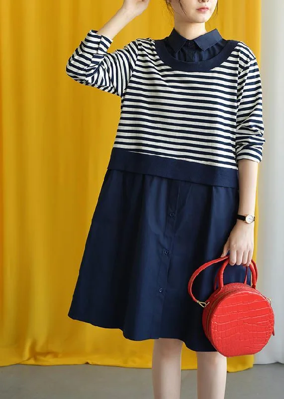 midi sheath dressesdiy navy striped cotton box dress lapel false two pieces Midi fall dress