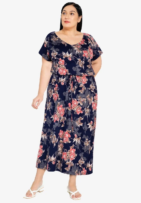 casual midi dressesRaglan Midi Dress with Side Slits- Coral Floral