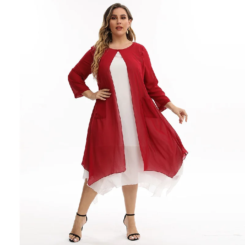 midi dresses with frillsPlus Size Long Sleeve Chiffon Double Midi Dress