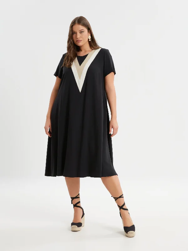 midi dresses with pocketsMat Midi Dress in Black with Beige