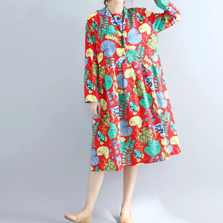 lace-trimmed midi dressesElegant red prints pure linen dresses casual maxi dress women long sleeve patchwork midi dress