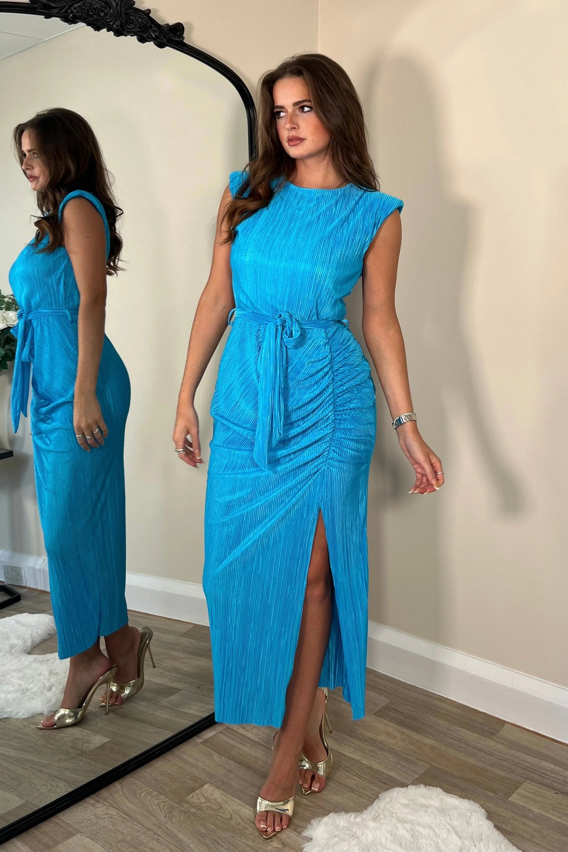 midi dresses for weddingsElena Blue Ruched Seamed Belted Midi Dress