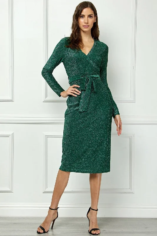 open-back midi dressesGREEN V-NECK LONG SLEEVES SELF-TIE WAIST KNIT MIDI DRESS AVD51163K